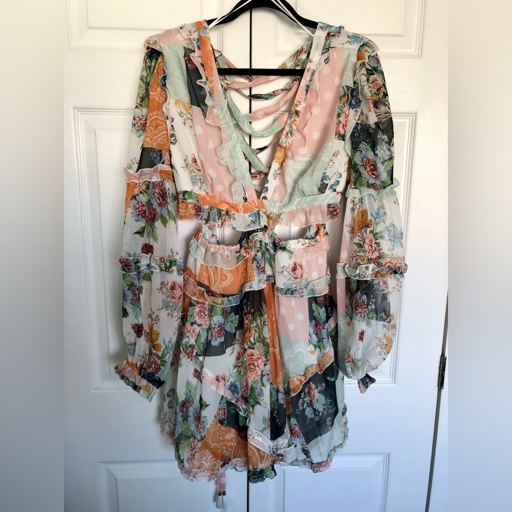 Luxxel Spring Cutout Bubble Sleeve Ruffle Floral Dress Size L